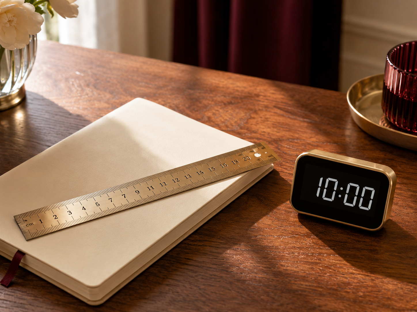 Une règle en laiton posée près d’un minuteur affichant dix minutes
